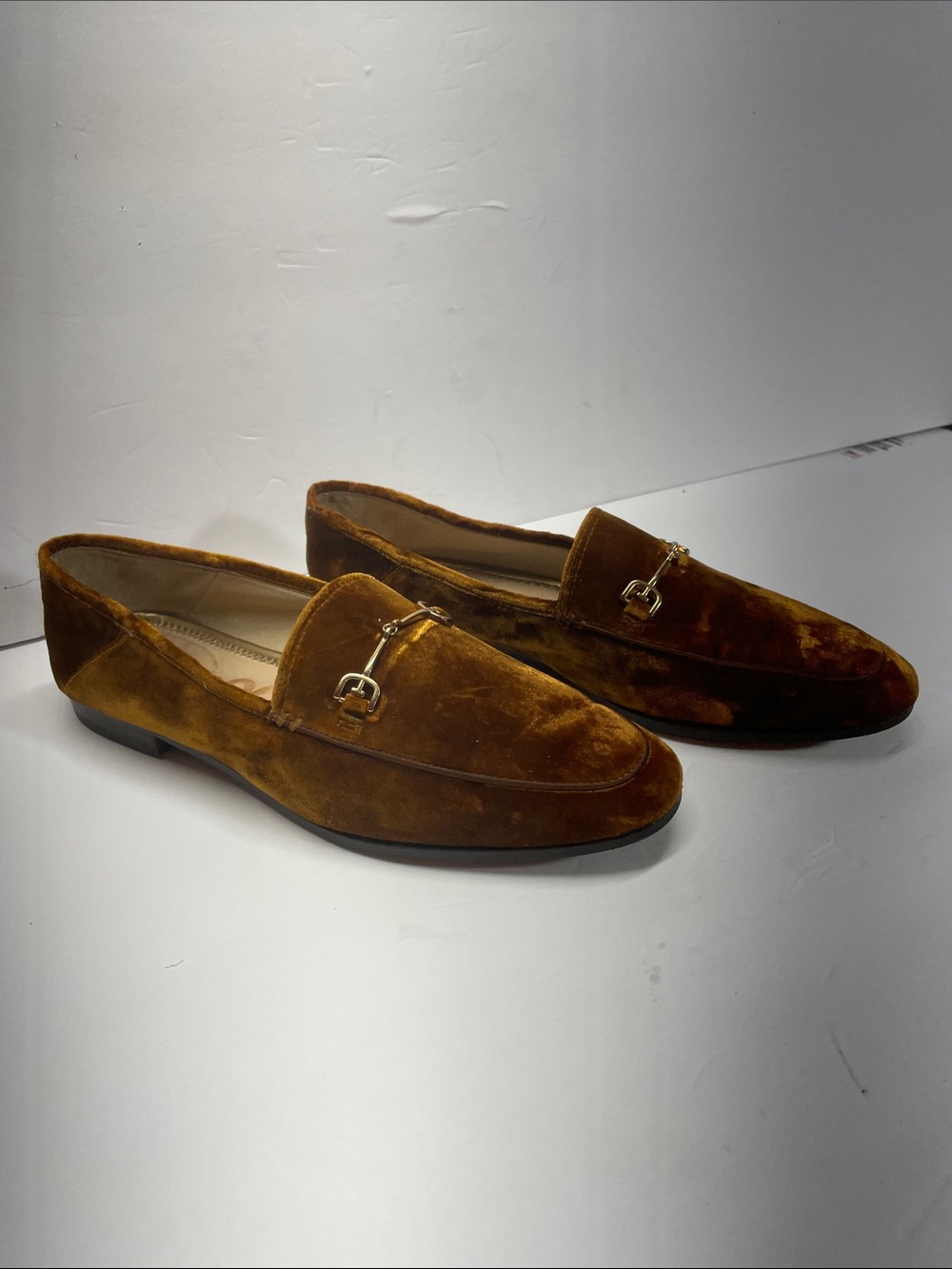 Sam Edelman Velvet Loafers in Cognac Brown with Gold Hardware